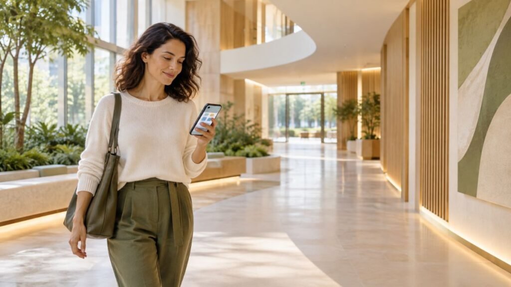 Mulher utiliza o celular em um ambiente tranquilo e organizado