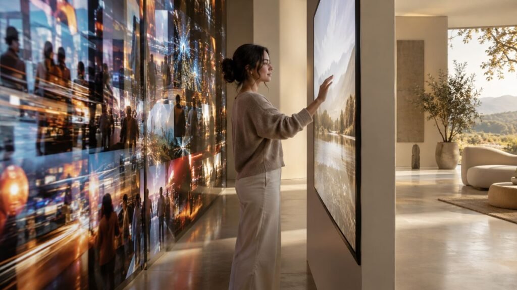 Mulher entre um ambiente digital carregado e outro visualmente tranquilo