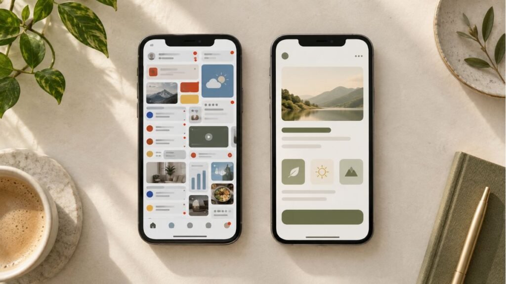 Comparação entre uma interface digital carregada e outra organizada