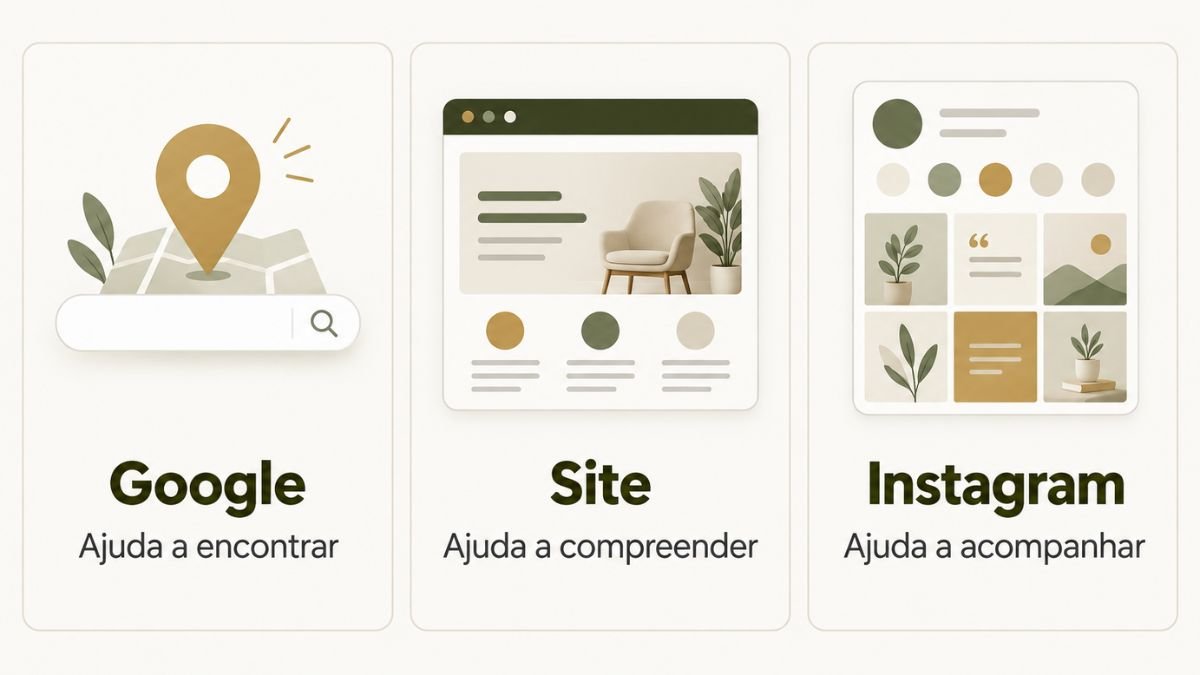 Diferenças entre Google, site e Instagram na presença digital de psicólogos.