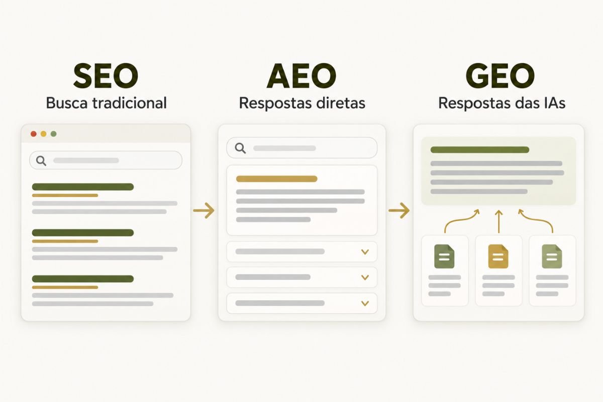 SEO para buscas tradicionais, AEO para respostas diretas e GEO para respostas geradas por inteligência artificial.